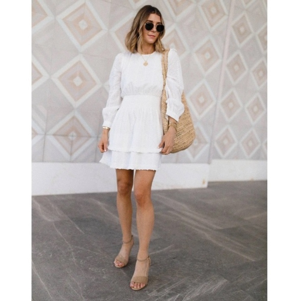 Splendid x Cella Jane Eyelet Mini Dress M White Tiered Smocked Romantic Bridal